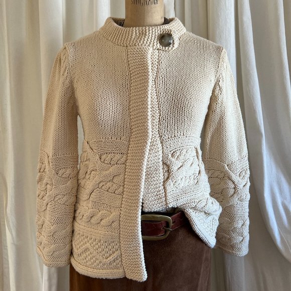 525 America Sweaters - 525 AMERICA CREAM COTTON CABLE BUTTON CLASP CARDIGAN SWEATER